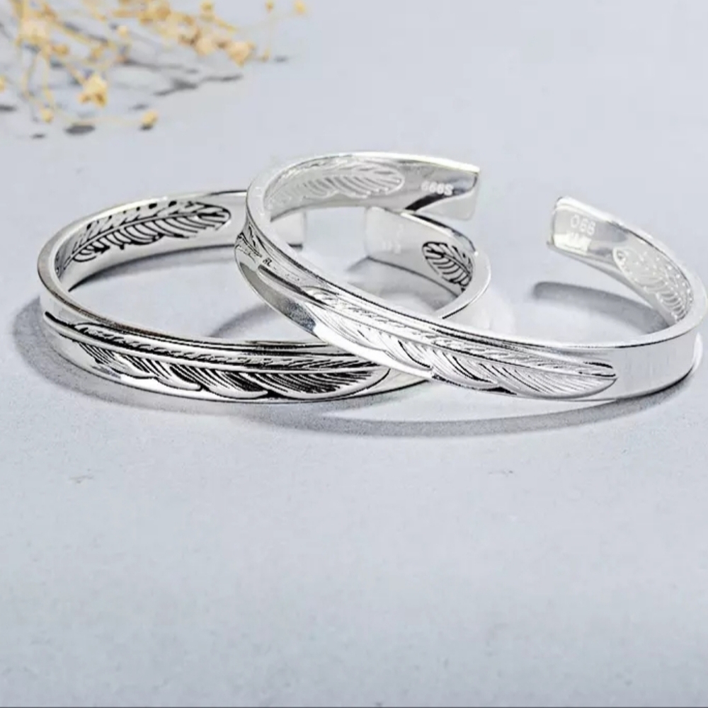 NEW Unisex 999 Silver Etched Feather Cuff Angel Cuff Adjustable Bracelet - Picture 2 of 14